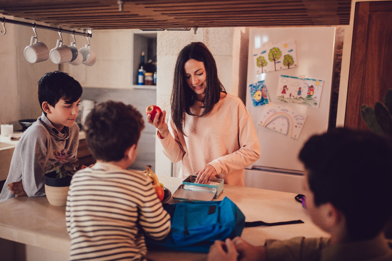 Mother preparing lunch boxes with healthy food and snacks for sons before going to school