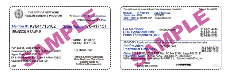 New York City Employees PPO blurred sample ID card.