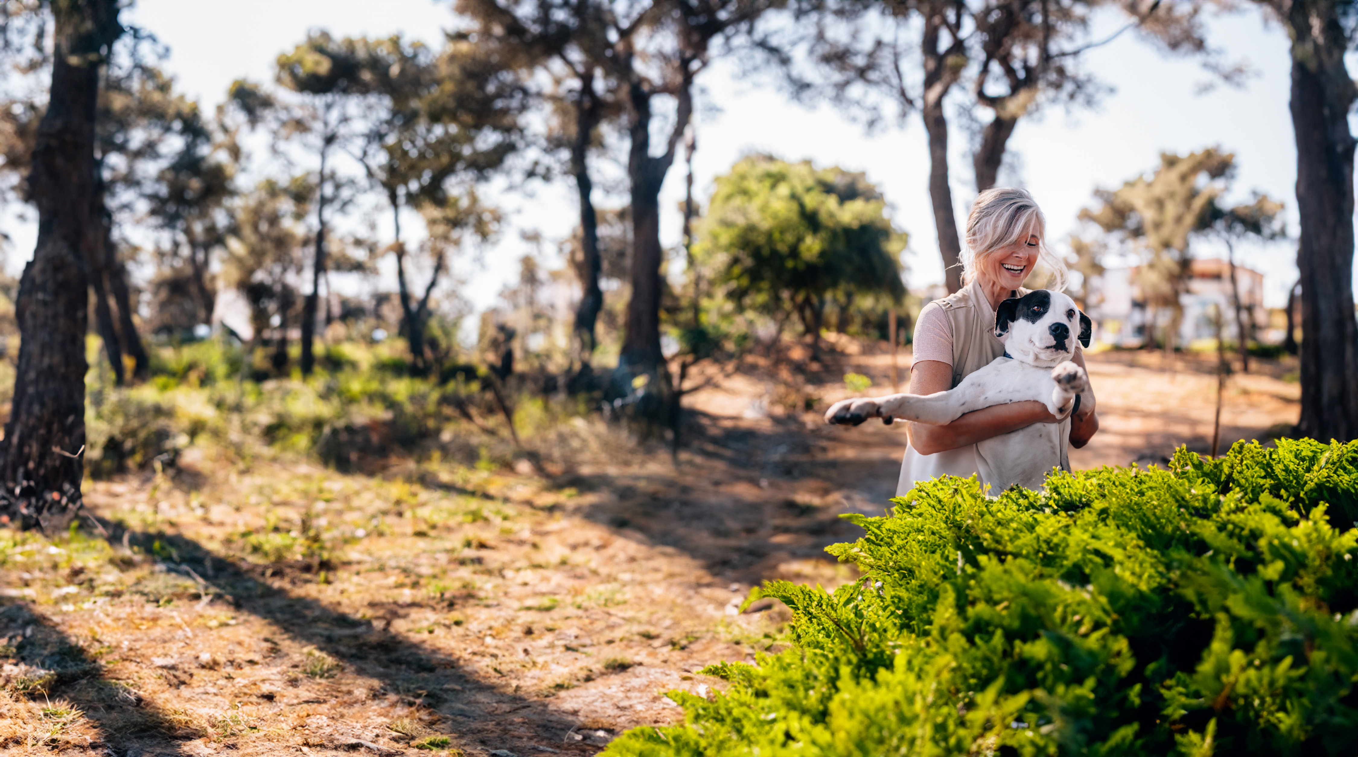 Senior woman  playing with her dog in the park.