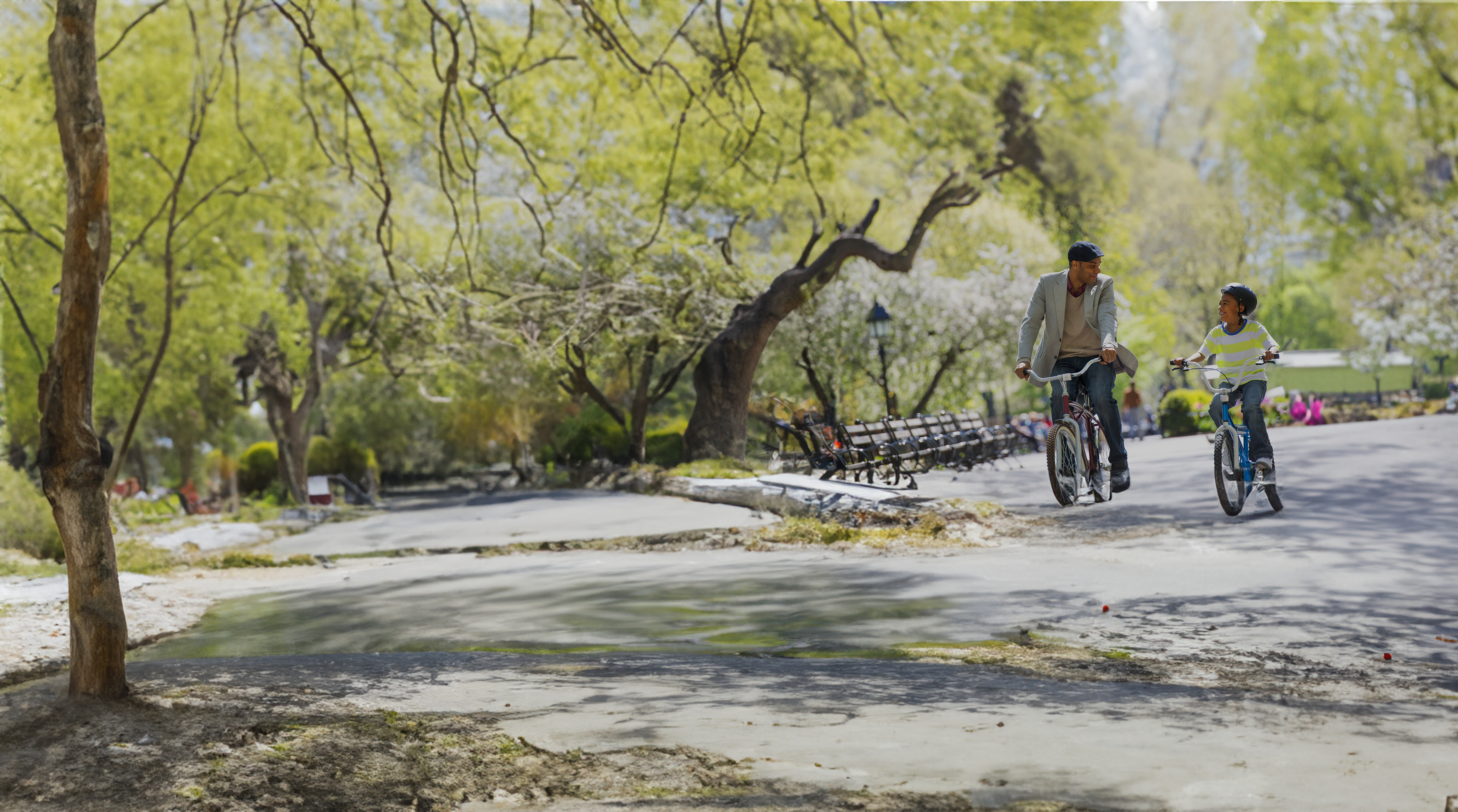 father and son riding bikes in the park 