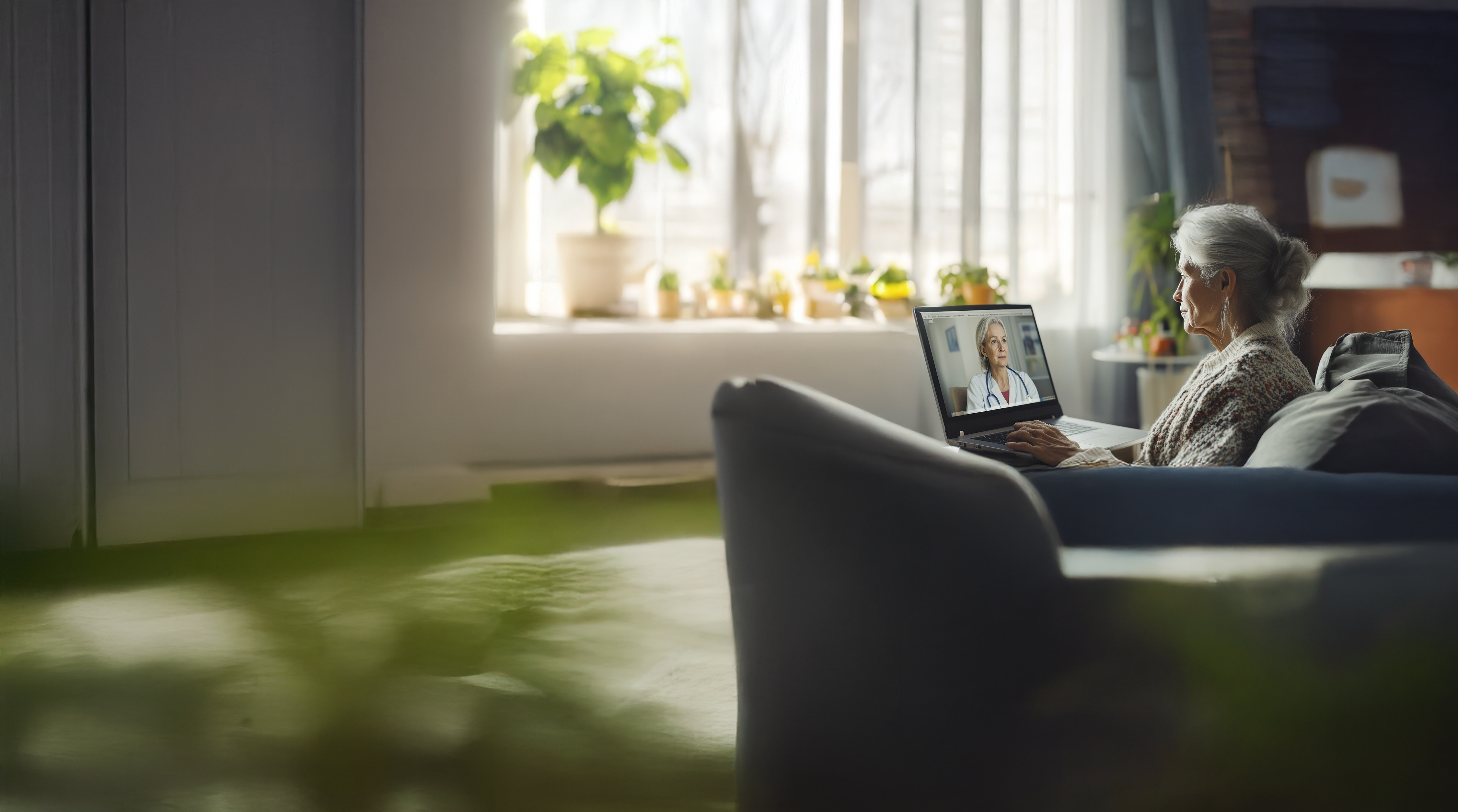senior man on laptop in kitchen
